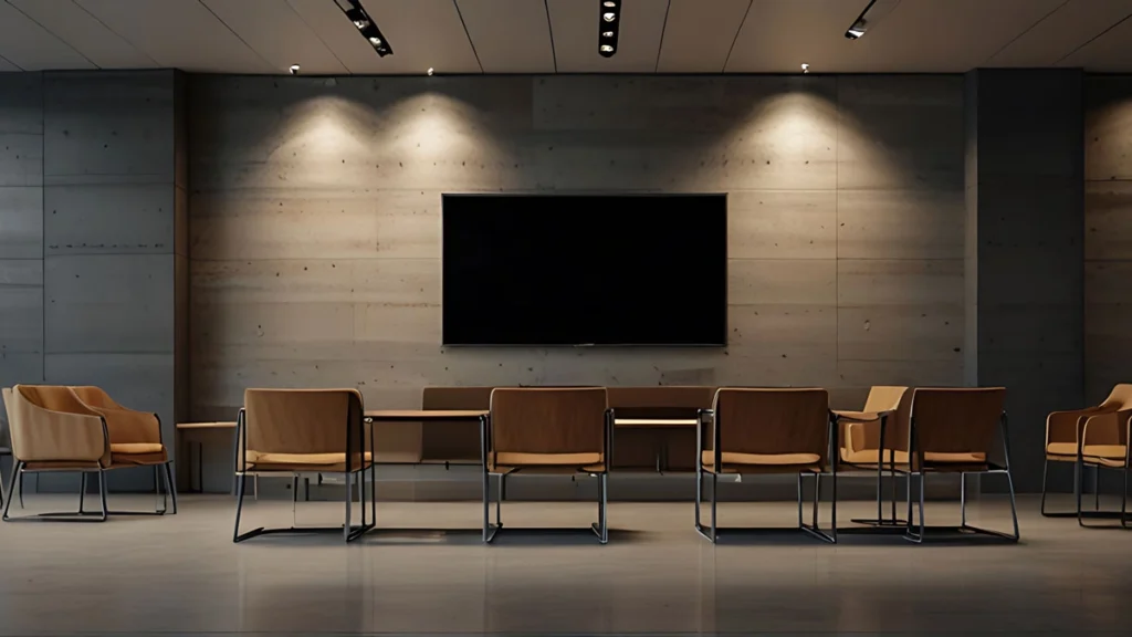 Modern meeting room designs featuring a long table, several wooden chairs, a large wall-mounted screen, and overhead lighting.