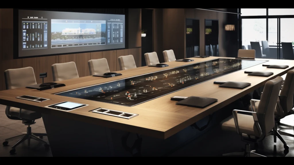 A modern conference room equipped with a large table and a prominent screen for effective meetings and presentations