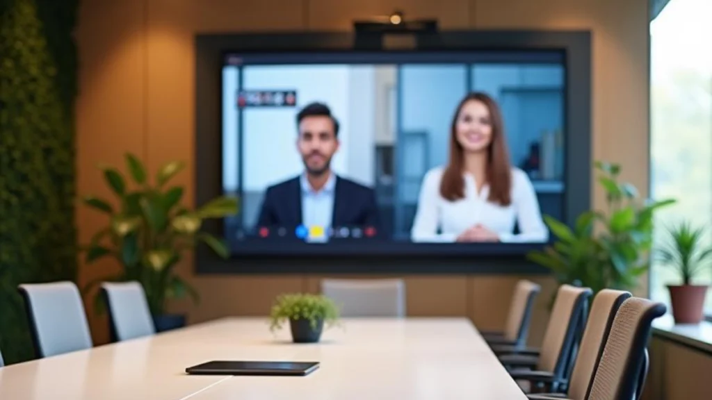 Modern conference room with a large screen displaying a virtual meeting, empty white table, and gray chairs.