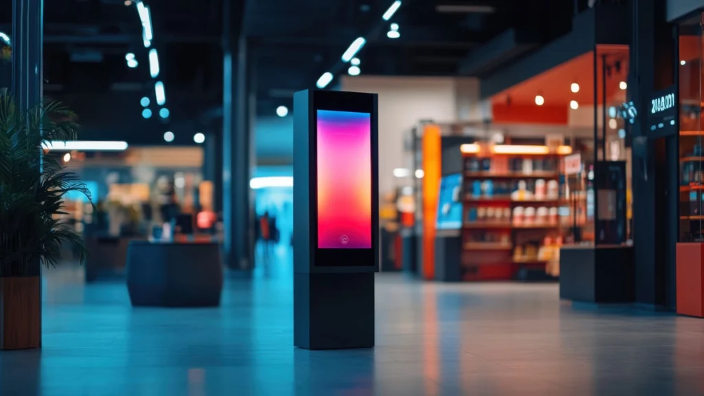 A vibrant digital display located in a shopping mall, featuring various advertisements.