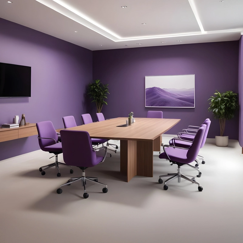 Modern purple-themed conference room.