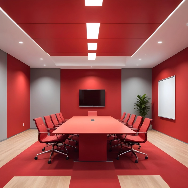 Modern red-themed conference room.