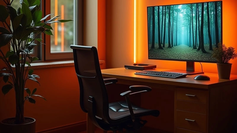 A picture showing a home office in warm orange tone with a wooden table, an ergonomic black leather chair, a big indoor plant and led lighting beside the screen.