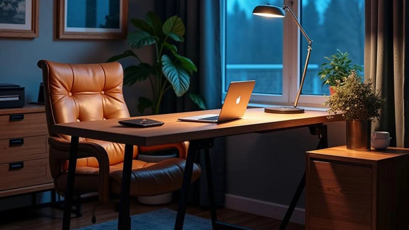 A picture showing a well cushioned brown leather chair and a wooden table with a laptop and led table lamp beside a window with a view outside