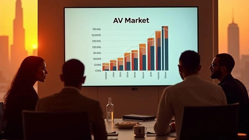 A picture showing four office workers huddled over a presentation that shows a rising trend on the bar graph