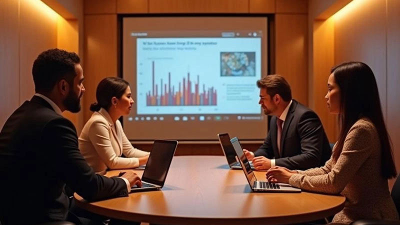 A picture showing four workers with laptops having a meeting in a conference room