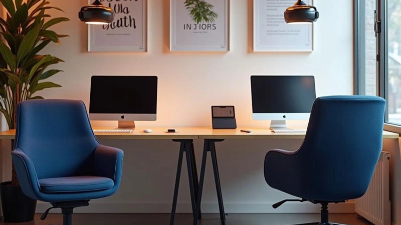 A picture showing two unoccupied work stations side by side displaying two imac screens and two blue revolving chairs