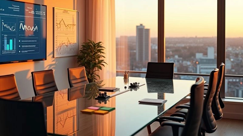 A picture of a conference room with long rectangular glass table, 8 leather seats and with a view of the cityscape