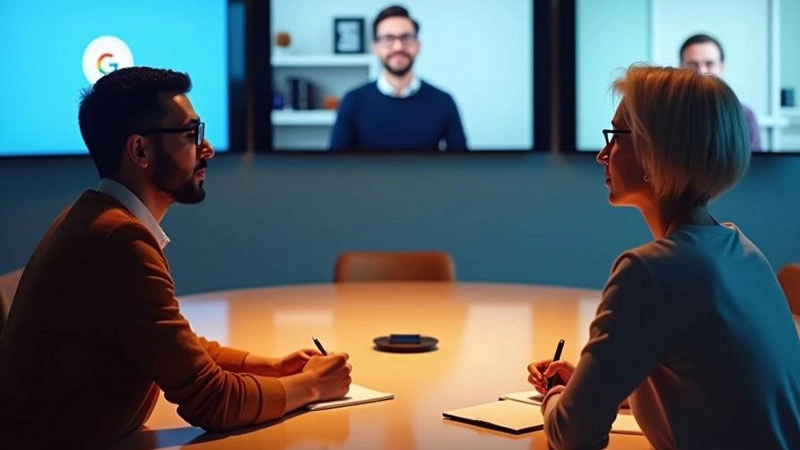 A picture of two people having a meeting on a round table and making notes