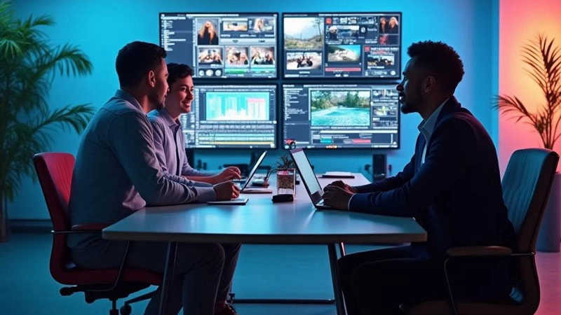 A picture showing three officemates with laptops having a meeting againts a backdrop of multiple dislpay screens