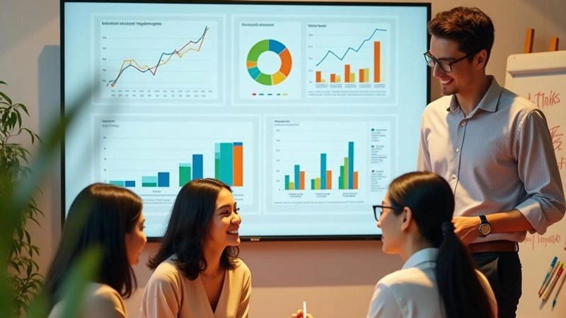 A picture showing four officemates happily chatting against a background of a single large screen displaying multiple kinds of graphs