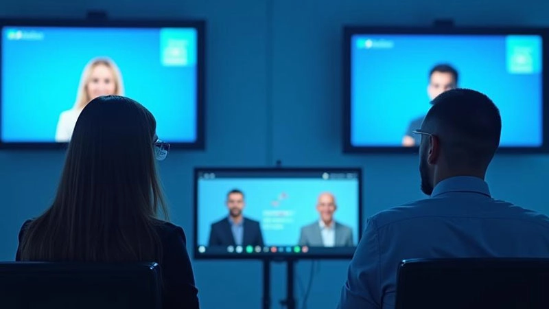 A picture with two office workers having a meeting with two co workers each on a screen while watching a presentation on a laptop